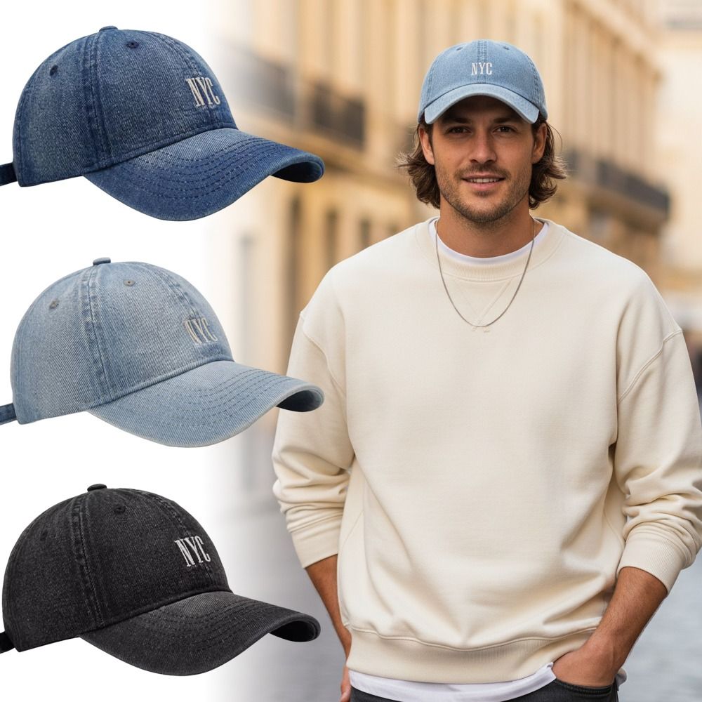 Embroidery Nyc - หมวกเบสบอลปักลาย NYC สไตล์วินเทจ หมวกยีนส์ปรับได้ หมวกกันแดด สำหรับทุกเพศ