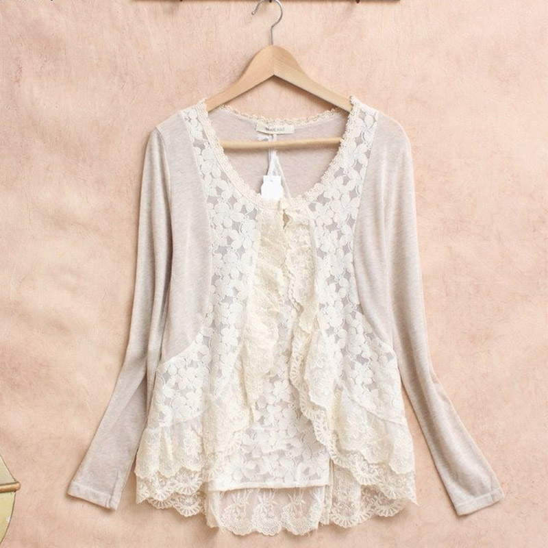 Embroidery Cardigan - ฤดูใบไม้ผลิสาวMoriหวานเสื้อผู้หญิงถักโครเชต์ลูกไม้Ruffleน่ารักยาวแขนเสื้อปักเย็บปักถักร้อยผ้าลินินหญิงBlusasเสื้อU053