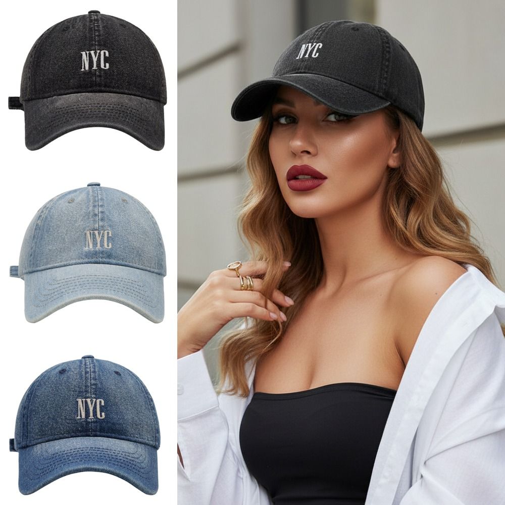 Embroidery Nyc - หมวกเบสบอลปักลาย NYC สไตล์วินเทจลำลอง หมวกยีนส์ปรับได้ หมวกทรงปากเป็ด สำหรับทุกเพศ