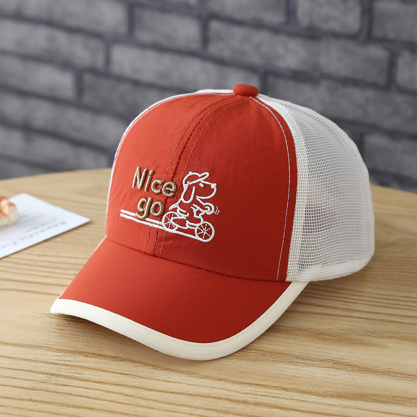 Embroidery Cap - หมวกเบสบอลตาข่ายแห้งเร็วสำหรับฤดูร้อนพร้อมลายปักการ์ตูนสุนัขขี่จักรยานสำหรับเด็ก หมวกป้องกันแสงแดด