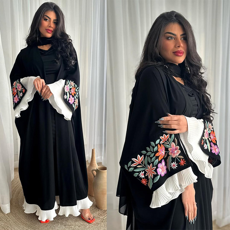 Embroidery Kaftan - สินค้าใหม่ดูไบ Abaya ชุดสีดํา Kaftan เย็บปักถักร้อยดอกไม้จีบแขนยาว Maxi
