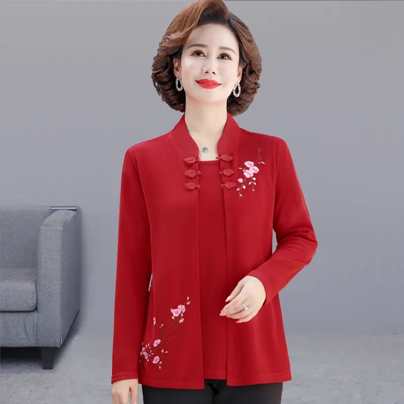 Embroidery Cardigan - เสื้อคาร์ดิแกนปักลายสำหรับผู้หญิงวัยกลางคน ฤดูใบไม้ผลิ ฤดูใบไม้ร่วง ไซส์ใหญ่ ชุดเสื้อยืดสองชิ้นแบบหลอก รุ่นใหม่