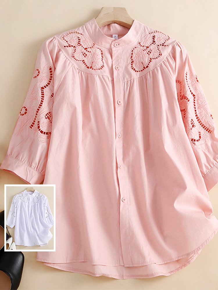 Embroidery Artist - เสื้อเชิ้ตปักลายสไตล์เรโทร ทรงหลวม แฟชั่นผู้หญิง คอตั้ง แขนเจ็ดส่วน เสื้อลำลองสำหรับฤดูร้อน