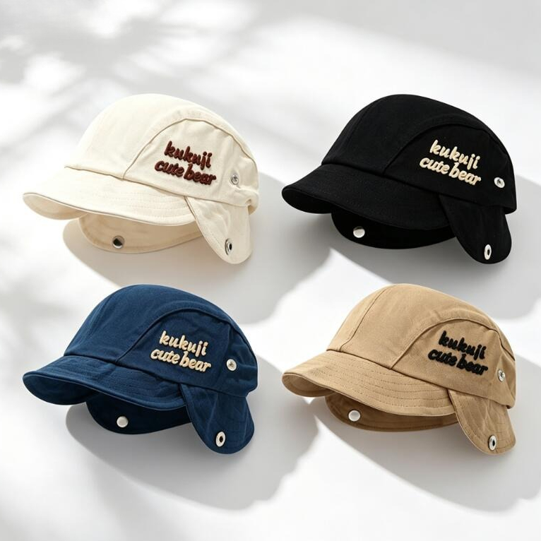 Embroidery Cap - หมวกปิดหูเด็กน่ารักประดับพู่สำหรับฤดูใบไม้ร่วงปี 2026 หมวกบีนนี่เด็กทารกสีพื้นปักตัวอักษร หมวกป้องกันหูสำหรับเด็กชายและเด็กหญิง