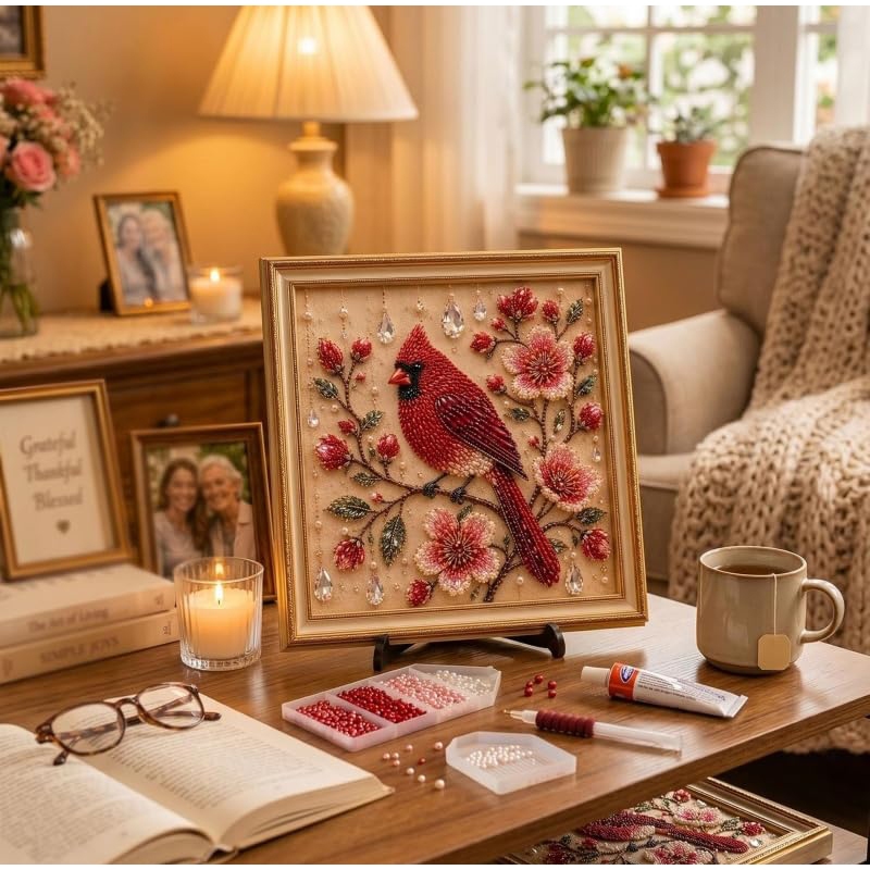 Embroidery Beads - ชุดงานฝีมือ DIY ปักลูกปัดและไข่มุก ลายนกคาร์ดินัล พร้อมคริสตัลและเพชรประดับตกแต่งผนัง สำหรับตกแต่งห้องนั่งเล่นในบ้าน