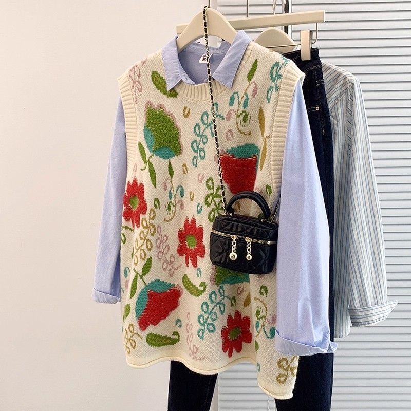 Embroidery Artist - เสื้อกล้ามถักแฟชั่นสำหรับผู้หญิง ทรงหลวม ไซส์ใหญ่ คอทรงกลม สไตล์ศิลปะ ดูอ่อนเยาว์