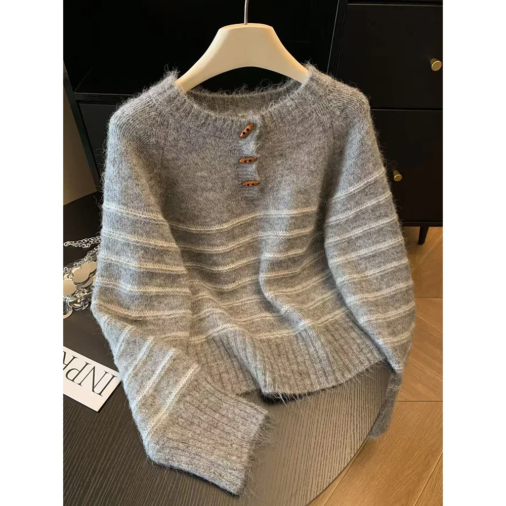Embroidery Origin - เสื้อสเวตเตอร์ไหมพรมแคชเมียร์ลายทางสำหรับผู้หญิง ฤดูใบไม้ร่วง ฤดูหนาว ทรงหลวม อุ่นสบาย เสื้อถักแบบสวม