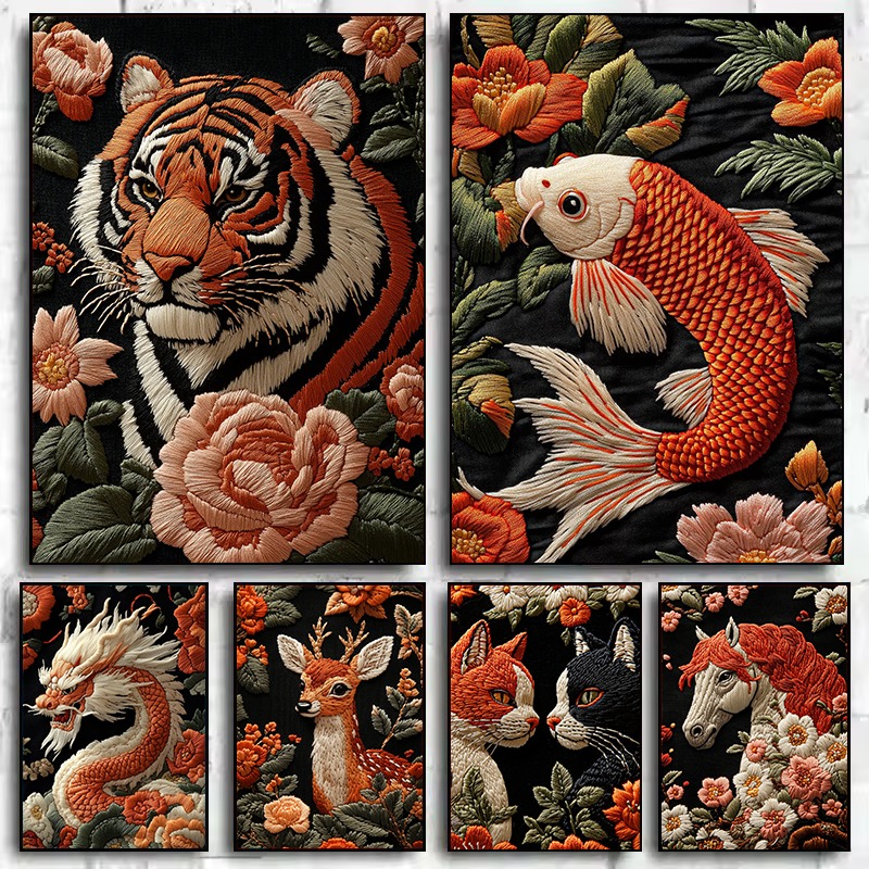 Embroidery Artist - โปสเตอร์ลายปักสไตล์ศิลปะ ภาพสัตว์ ดอกไม้ มังกร ปลาคาร์พ ปลาช่อน