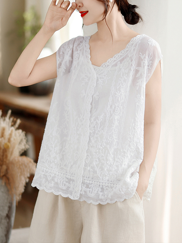 Embroidery Artist - เสื้อกั๊กปักลายหนักแบบใหม่สำหรับฤดูร้อน ไซส์ใหญ่สำหรับผู้หญิง สไตล์ศิลปะลำลองอเนกประสงค์ คอวี ผ้าแคนวาส ท็อปบาง