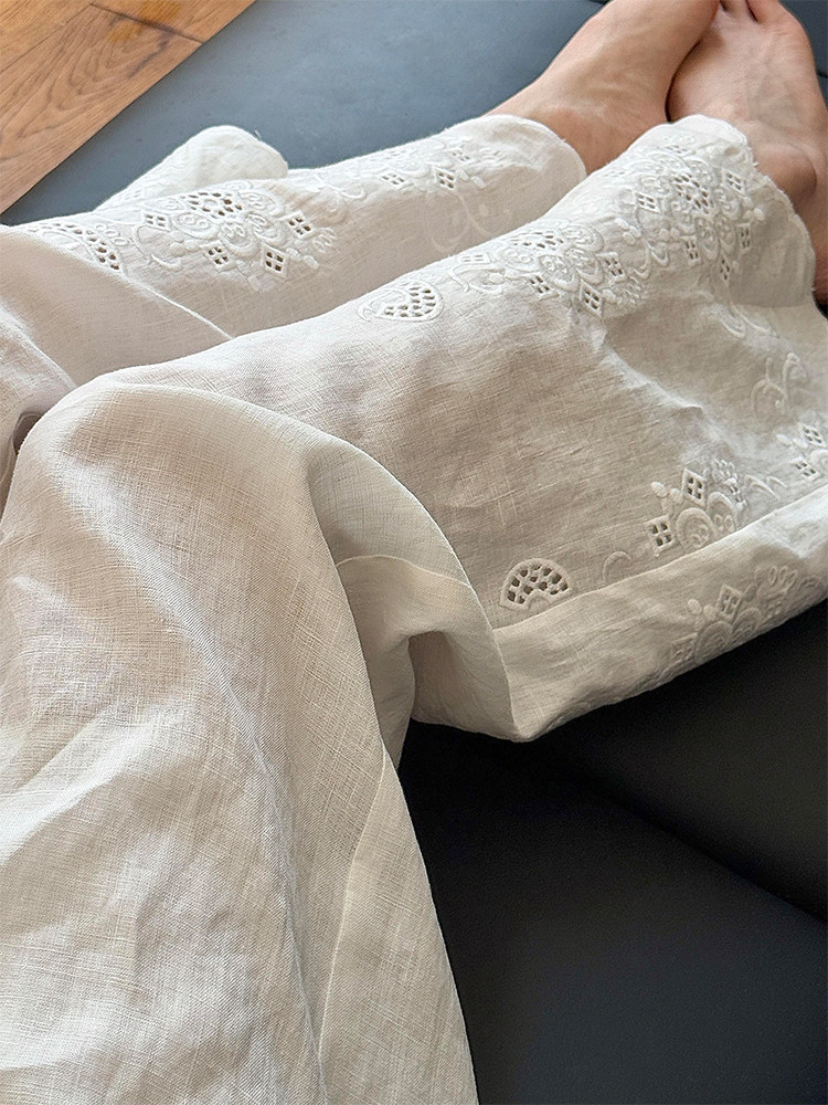 Embroidery Artist - กางเกงขายาวทรงหลวมปักลายสไตล์ญี่ปุ่นสำหรับผู้หญิง ฤดูร้อน เอวยางยืด ผ้าฝ้ายลินิน ทรงตรง ความยาวเก้าส่วน