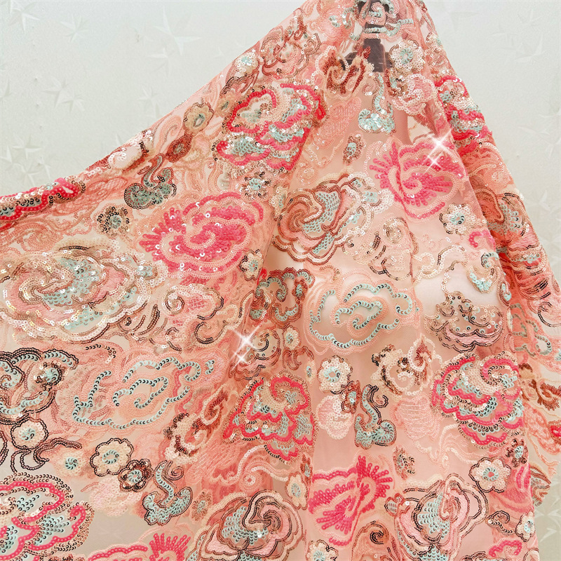 Embroidery Needle - 2 หลา/ล็อต ผ้าลูกไม้ปักลายดอกไม้สีชมพูม่วงกว้าง 130 ซม. พร้อมเลื่อม
