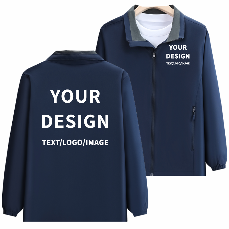 Embroidery Design Logo - แฟชั่นเสื้อแจ็คเก็ตสีทึบออกแบบที่กําหนดเองทีม Stand Collar Windbreaker เย็บปักถักร้อยโลโก้เสื้อบางการพิมพ์แบรนด์บริษัท