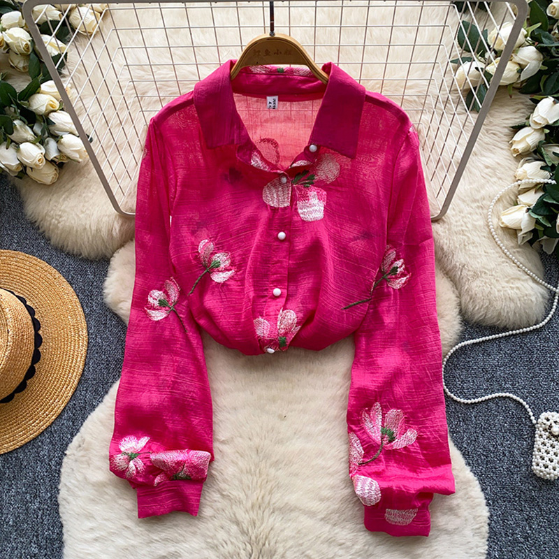 Embroidery Cardigan - สไตล์เกาหลีลายดอกไม้ปักคาร์ดิแกนผู้หญิงฤดูร้อนหลวมพอดีระบายอากาศได้ดีแขนยาวเปิดด้านหน้าเสื้อเสื้อสตรี BL485