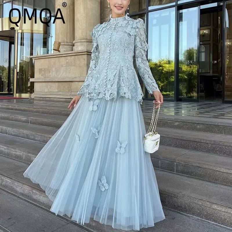 Embroidery Underlay - QMQAแฟชั่นผู้หญิงElegant 2 ชิ้นชุดเย็บปักถักร้อยแขนยาวเอวสูงกระโปรงตาข่ายชุด 2025 ฤดูใบไม้ผลิหญิงใหม่QM78
