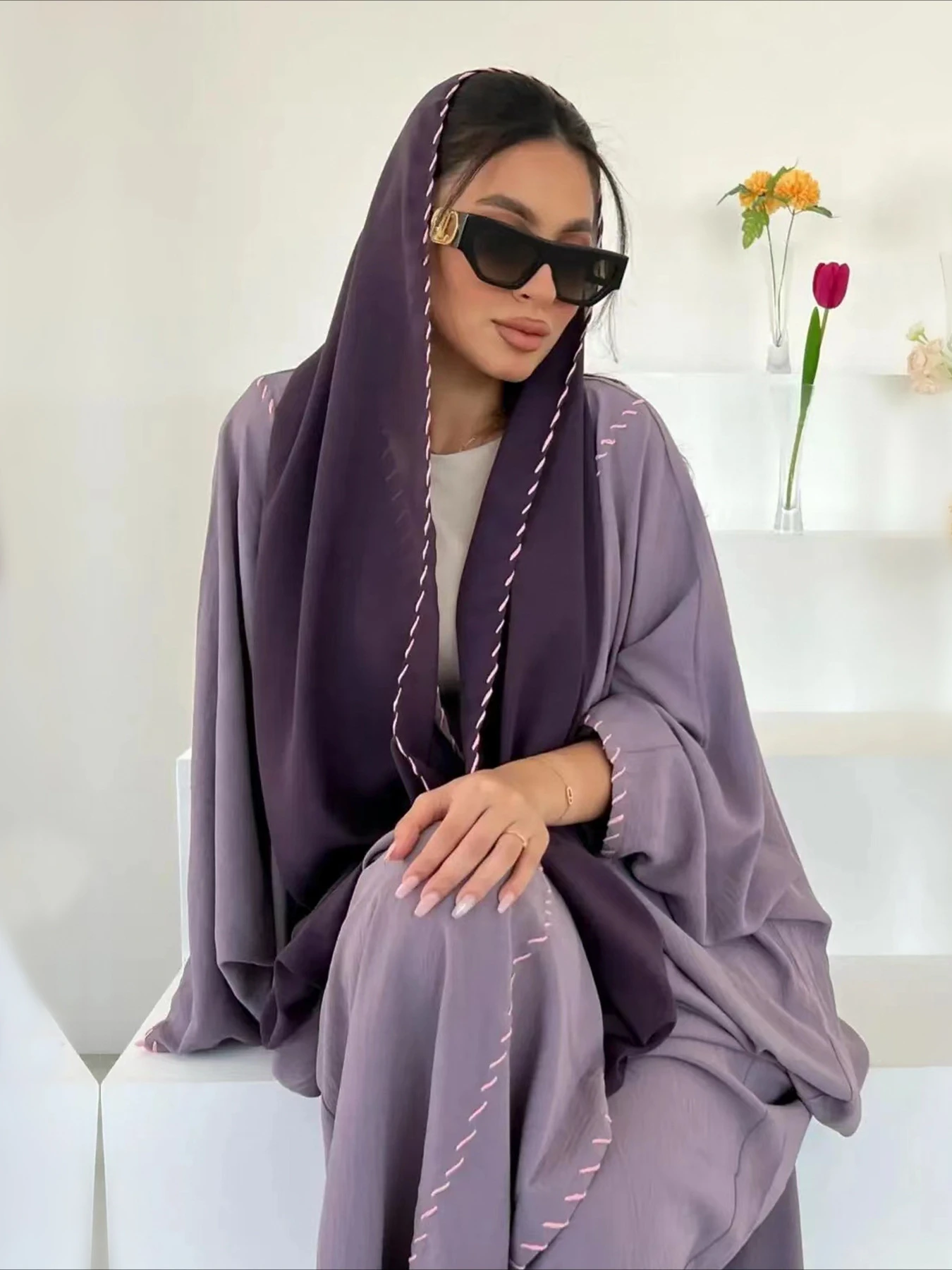 Embroidery Kaftan - ผู้หญิงมุสลิม Abaya กับผ้าพันคอ 2 ชิ้นชุดยาวเสื้อสเวตเตอร์ถัก Eid