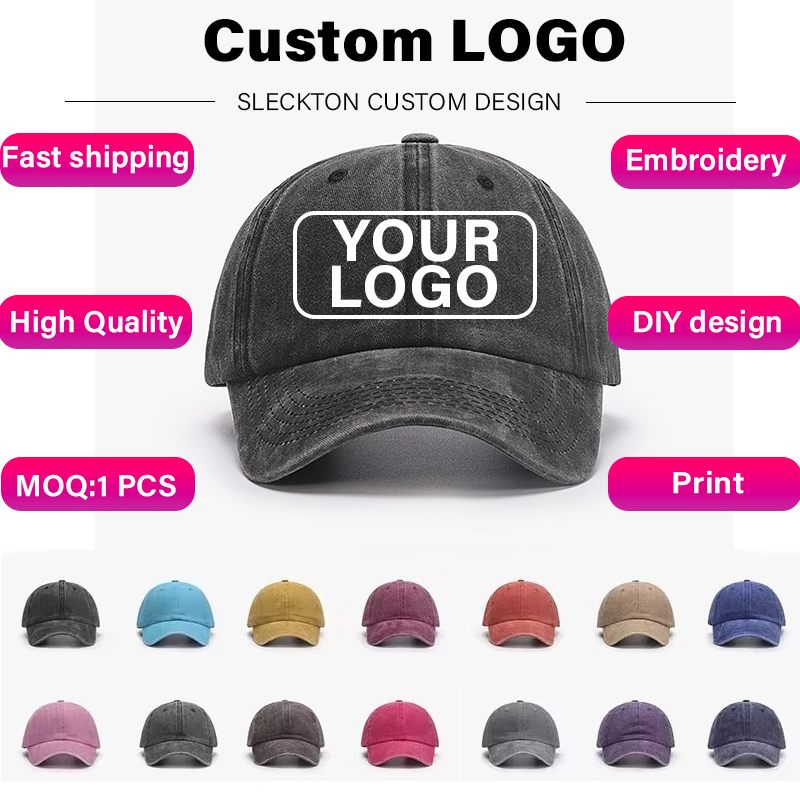 Embroidery Design Logo - หมวกแก๊ปปักโลโก้ SLECKTON แบบกำหนดเอง หมวกเบสบอลสไตล์เรโทรสำหรับผู้ชายและผู้หญิง ออกแบบตัวอักษรเองได้ ปรับแต่งลายกราฟิก