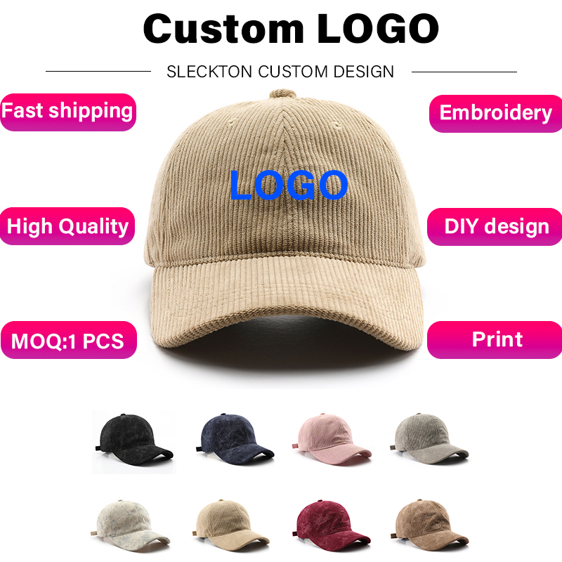Embroidery Design Logo - SLECKTON โลโก้ที่กําหนดเองเบสบอลหมวกออกแบบแบรนด์โลโก้เย็บปักถักร้อย DIY ภาพพิมพ์ Corduroy Solid