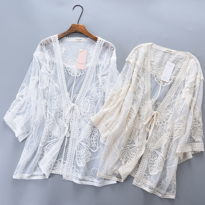 Embroidery Cardigan - ฤดูร้อนหวานSeaside Holiday Cardiganผู้หญิงสีขาวBeige Beachป้องกันแสงแดดเสื้อผ้าหญิงFairyลูกไม้เสื้อสเวตเตอร์ถักU511
