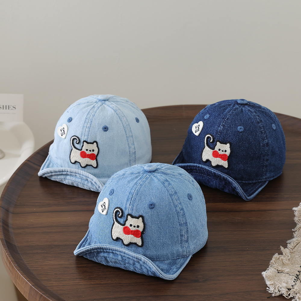 Embroidery Cap - หมวกเบสบอลปีกอ่อนผ้าเดนิมสำหรับเด็ก ซักได้ ปักลายแมว ทรงปากเป็ด หมวกทรงนิ่มสไตล์การ์ตูนลำลอง