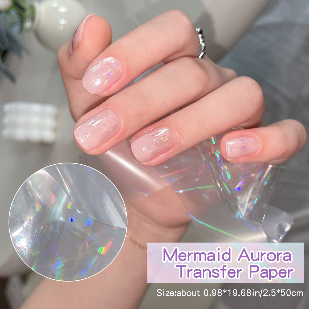 Transfer Paper Carbon - 10 ม้วนกระดาษถ่ายโอนลายเล็บสีรุ้งเมอร์เมดออโรร่า 50x4 ซม. ฟอยล์ตกแต่งเล็บแบบมีกาวในตัว อุปกรณ์ตกแต่งเล็บ
