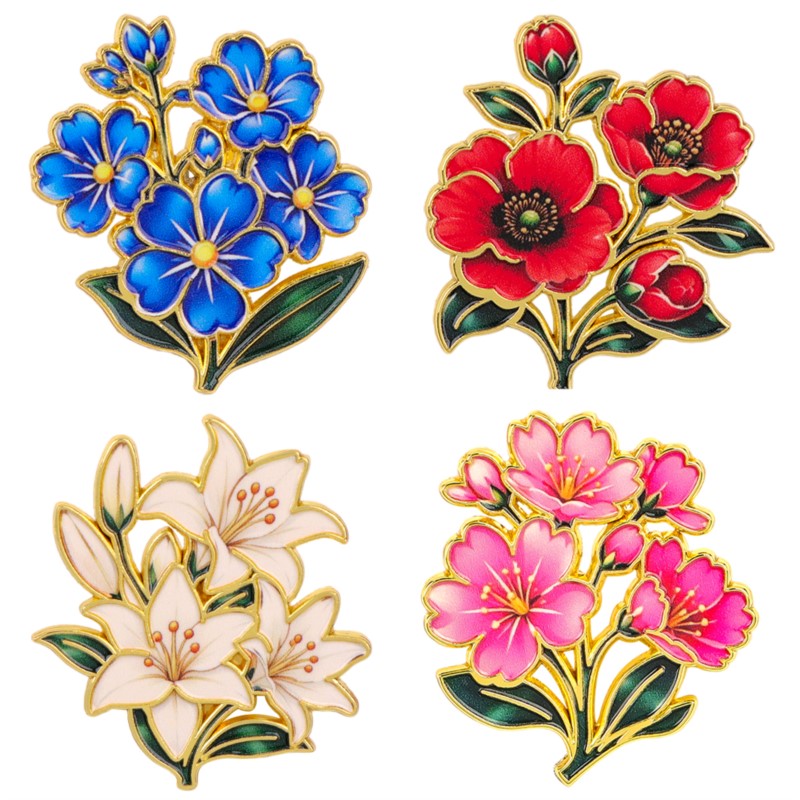 Embroidery Garment - เข็มกลัดเคลือบสีสันสดใสลายดอกไม้สไตล์วินเทจน่ารัก ลายดอกลิลลี่ เชอร์รี่ ดอกป๊อปปี้ ใบไม้สีฟ้า เหมาะสำหรับติดกระเป๋าเป้