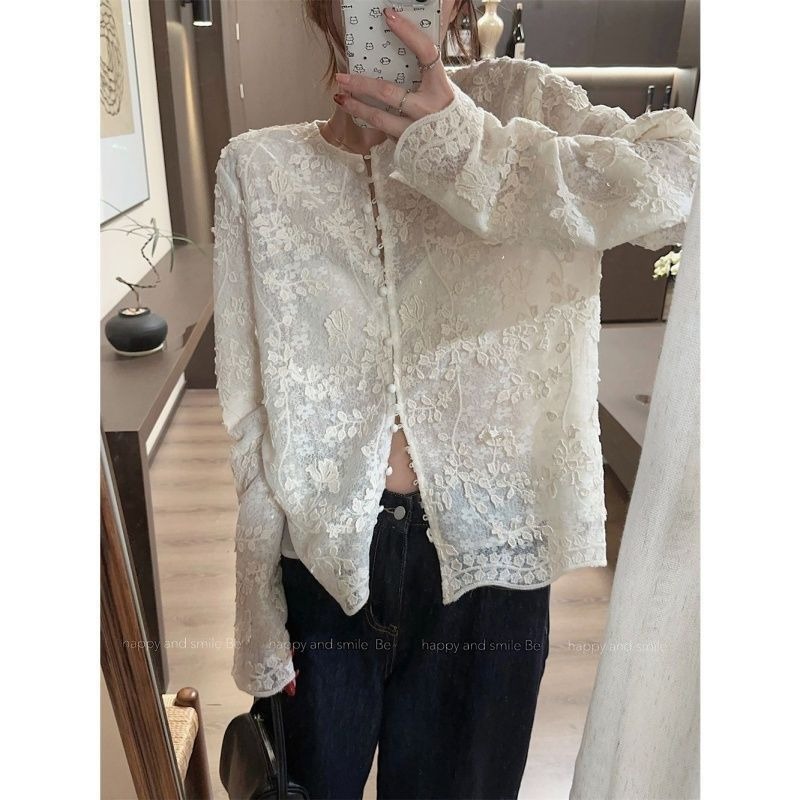Embroidery Cardigan - แฟชั่นปักสามมิติเสื้อลูกไม้ภาษาฝรั่งเศสคําใหม่จีนหญิง Elegant สีทึบสบายๆอเนกประสงค์เสื้อสเวตเตอร์ถัก