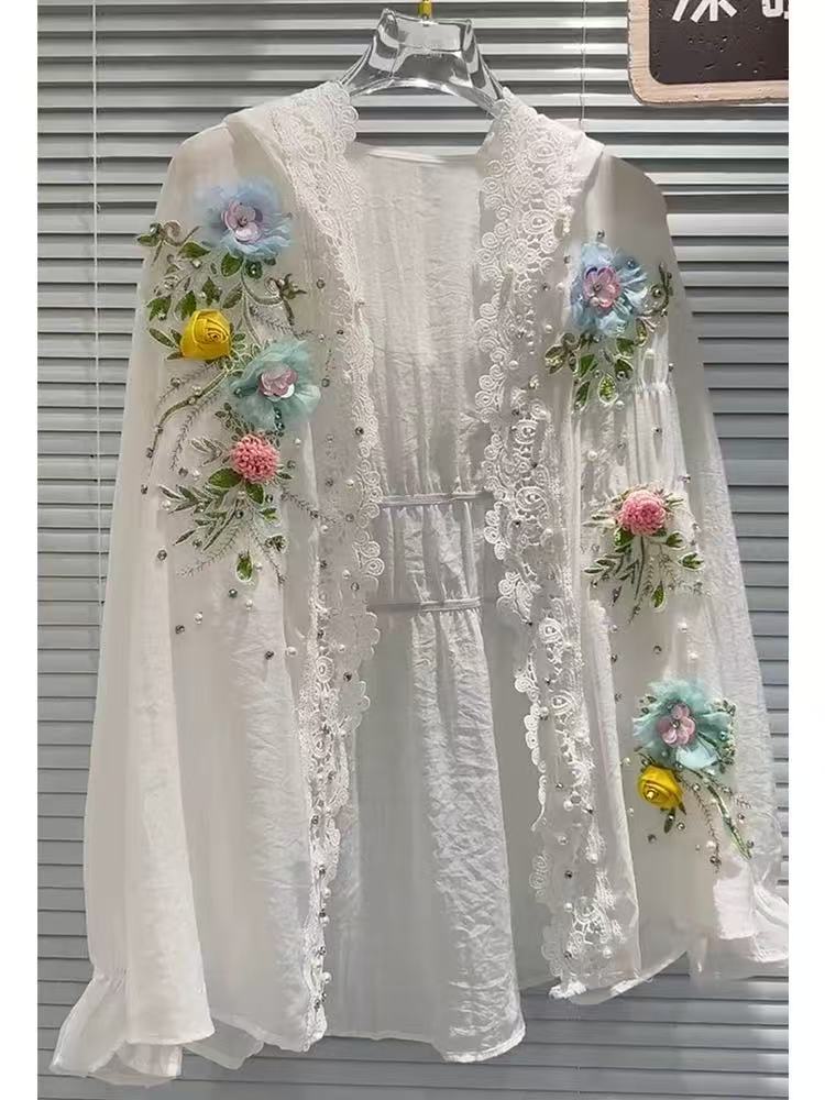 Embroidery Cardigan - ผ้าฝ้ายระบายอากาศผสมสีขาวคลุมด้วยผ้าครีมกันแดดเสื้อเสื้อสําหรับผู้หญิงลูกไม้เย็บปักถักร้อย 3D ดอกไม้แขนยาวเสื้อคาร์ดิแกน