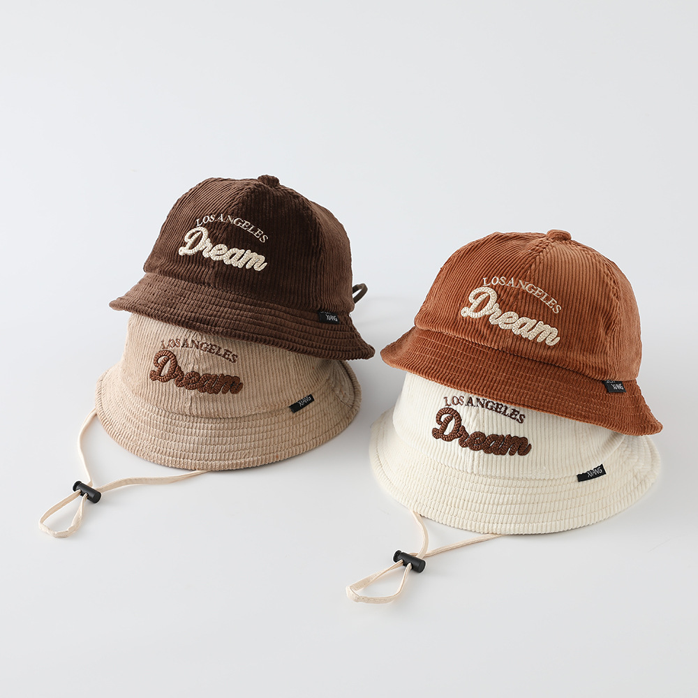 Embroidery Cap - หมวกกันแดดสีพื้นสำหรับเด็ก หมวกทรงบักเก็ตผ้าคอร์ดูรอยสำหรับเด็กชายและเด็กหญิง ป้องกันแสงแดด พร้อมปักตัวอักษร เหมาะสำหรับกิจกรรมกลางแจ้ง