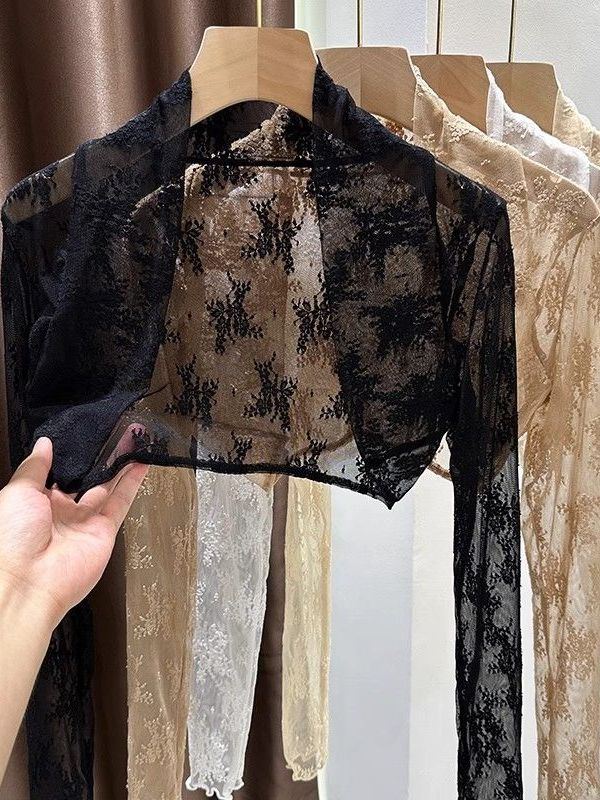 Embroidery Cardigan - เสื้อคลุมป้องกันแสงแดดปี 2025 ลายปักลูกไม้แบบใหม่ แขนสั้น สายรัดแบบเสื้อคลุม ความยาวสั้น