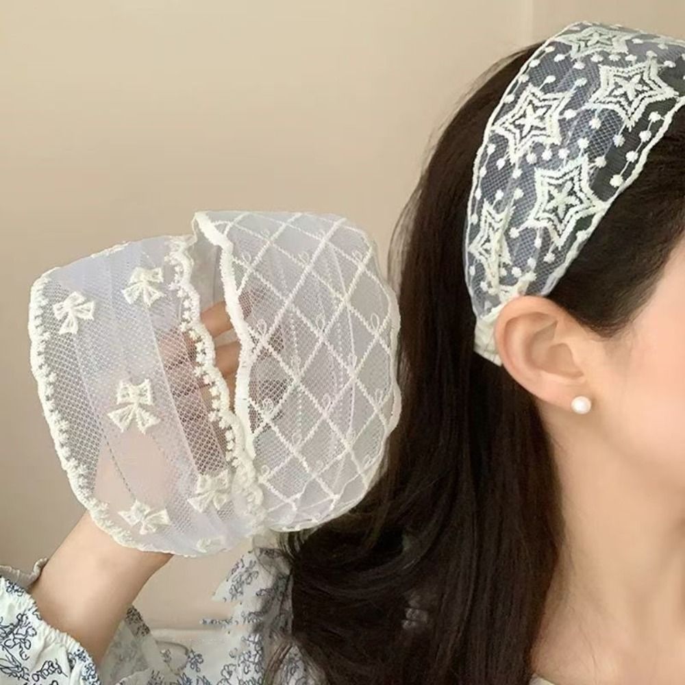 Embroidery Hoop - ที่คาดผมสไตล์เกาหลี ปักลายลูกไม้ ขอบกว้าง โบว์ผูกผม ที่คาดผมดอกไม้ ตาข่ายแฟรี่
