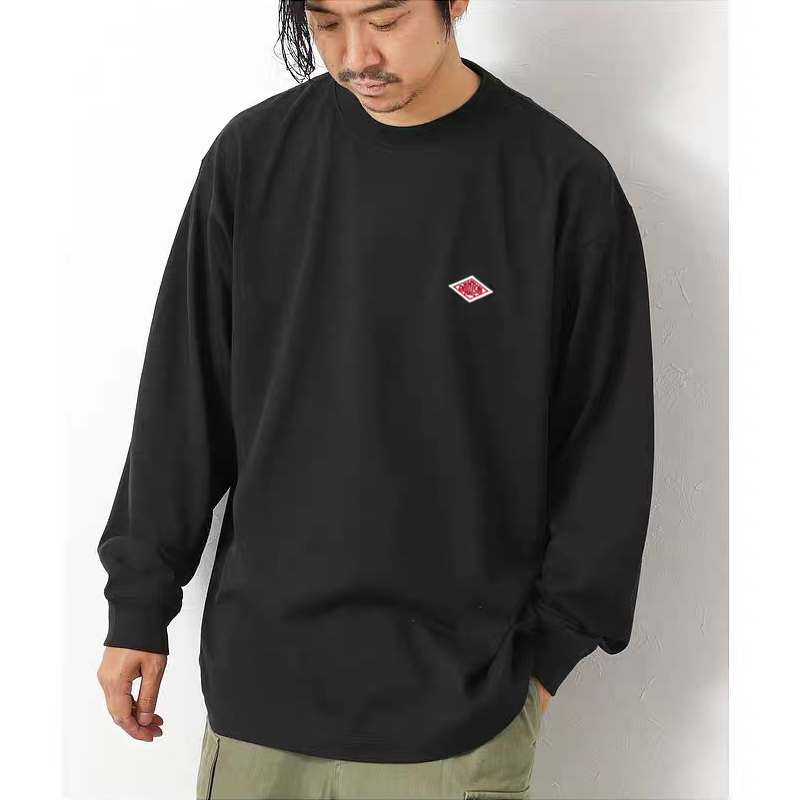 Embroidery Icon - เสื้อยืดแขนยาวผ้าฝ้ายทรงหลวมสไตล์คลาสสิกแบบญี่ปุ่นสำหรับฤดูใบไม้ร่วง ปักลายไอคอนเล็กๆ สำหรับผู้ชายไซส์เล็ก