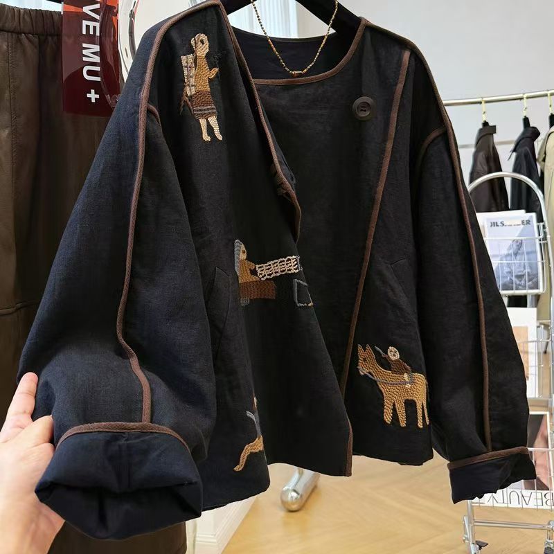 Embroidery Origin - เสื้อแจ็คเก็ตปักลายหนา คอกลม แขนสั้น สำหรับผู้หญิง รุ่นใหม่รับฤดูใบไม้ร่วง ทรงหลวม