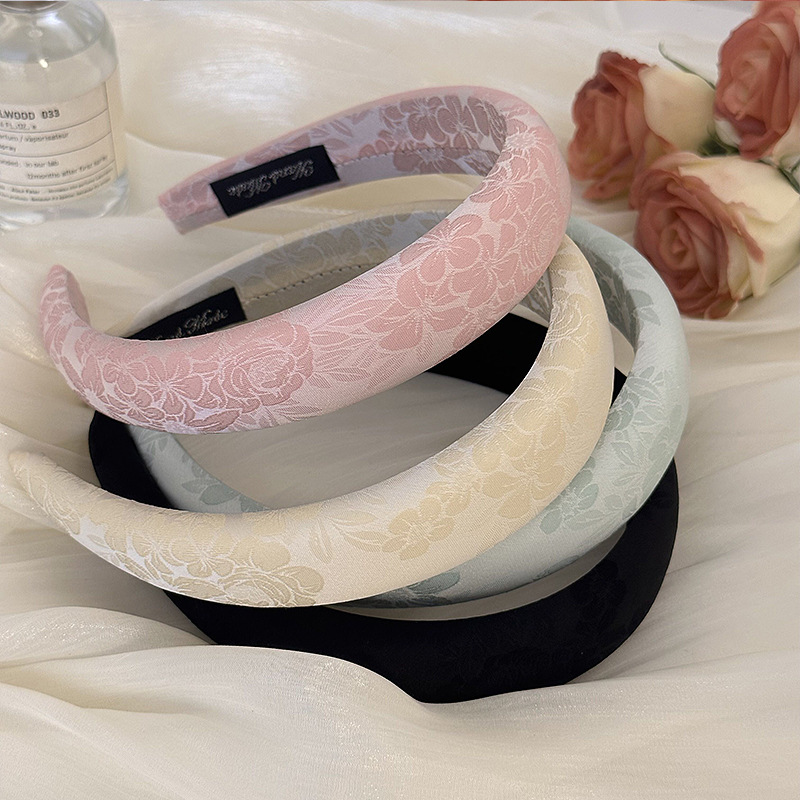 Embroidery Hoop - ที่คาดผมแฟชั่นฟองน้ำดอกไม้ปักรูปดอกกุหลาบสำหรับผู้หญิงสไตล์จีนที่คาดผมพิมพ์ลายหรูหราห่วงรัดผมสีพื้นไม่ลื่น
